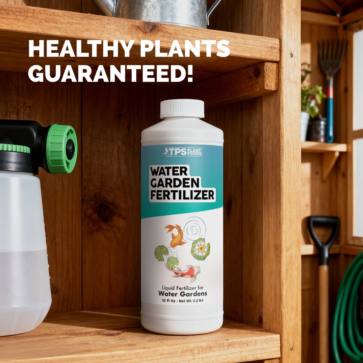 TPS Water Garden Fertilizer 32 oz bottle on a garden shed shelf beside a hose-end sprayer and watering can, with the text "Healthy plants guaranteed" [guarantee]