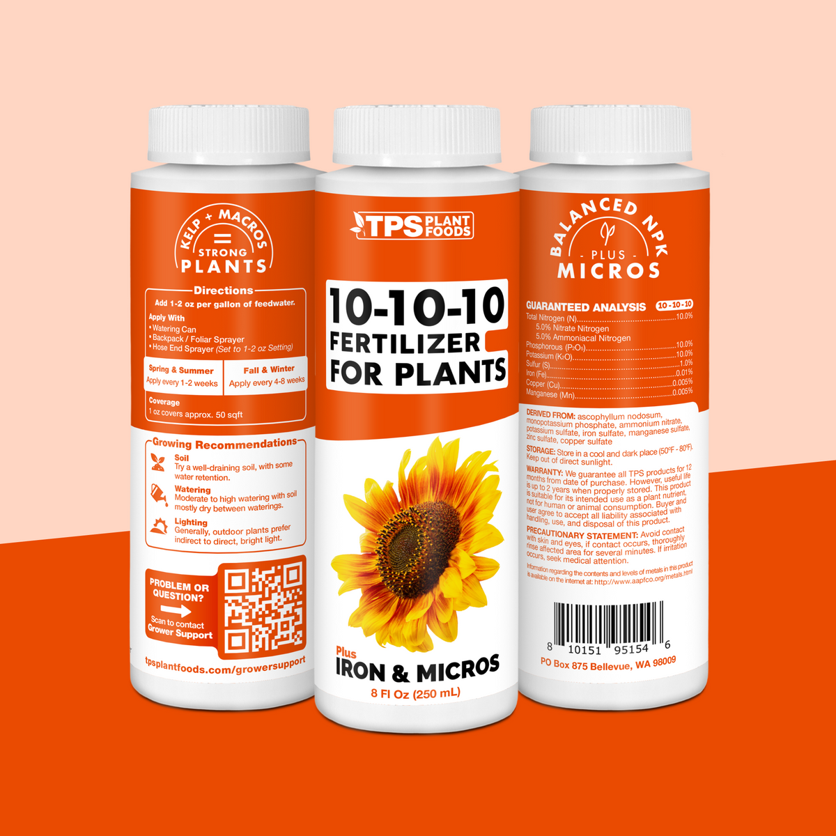TPS 10-10-10 for Plants 8 oz bottle showing front label, directions (1-2 oz per gallon) and guaranteed analysis [tri-wrap]
