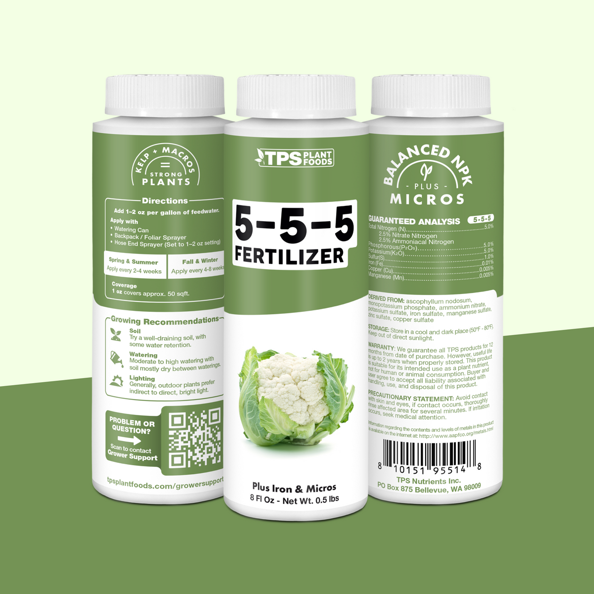 TPS 5-5-5 Fertilizer 8 oz bottle showing front label, directions (1-2 oz per gallon) and guaranteed analysis [tri-wrap]