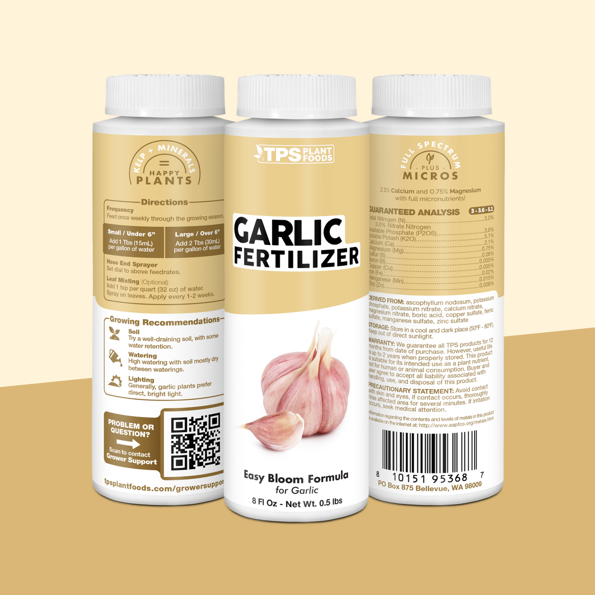 TPS Garlic Fertilizer 8 oz bottle showing front label, directions (1 Tbs per gallon) and guaranteed analysis