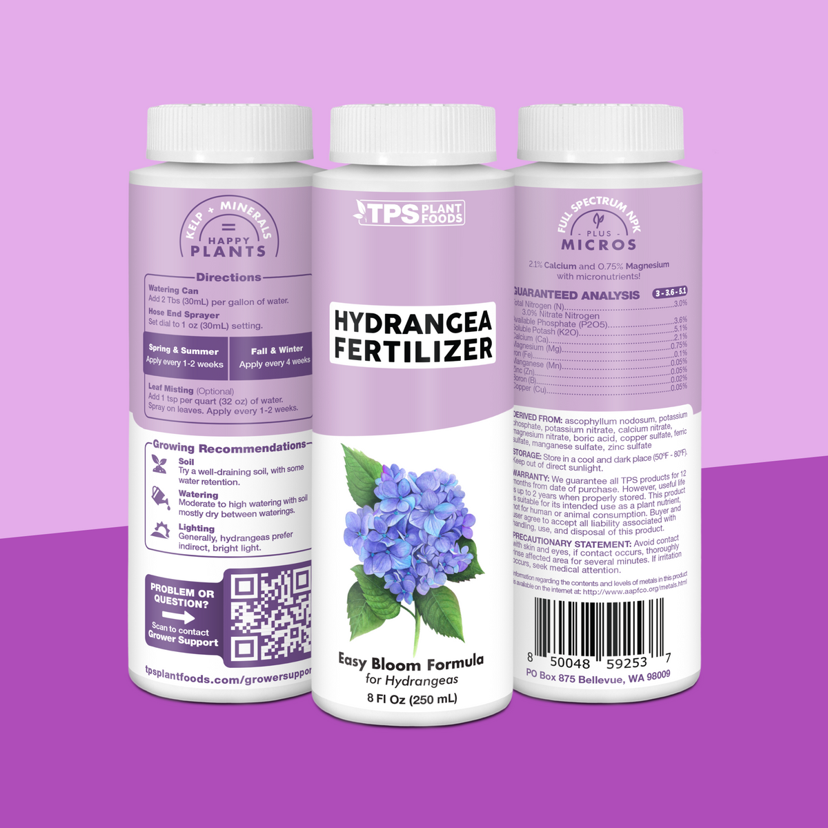TPS Hydrangea Fertilizer 8 oz bottle showing front label, directions (2 Tbs per gallon) and guaranteed analysis