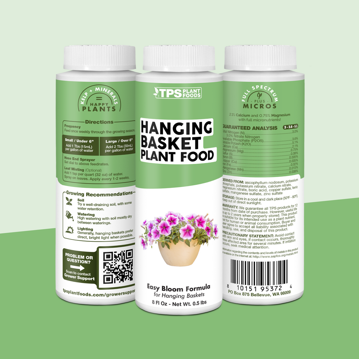 TPS Hanging Basket Plant Food 8 oz bottle showing front label, directions (1 Tbs per gallon) and guaranteed analysis