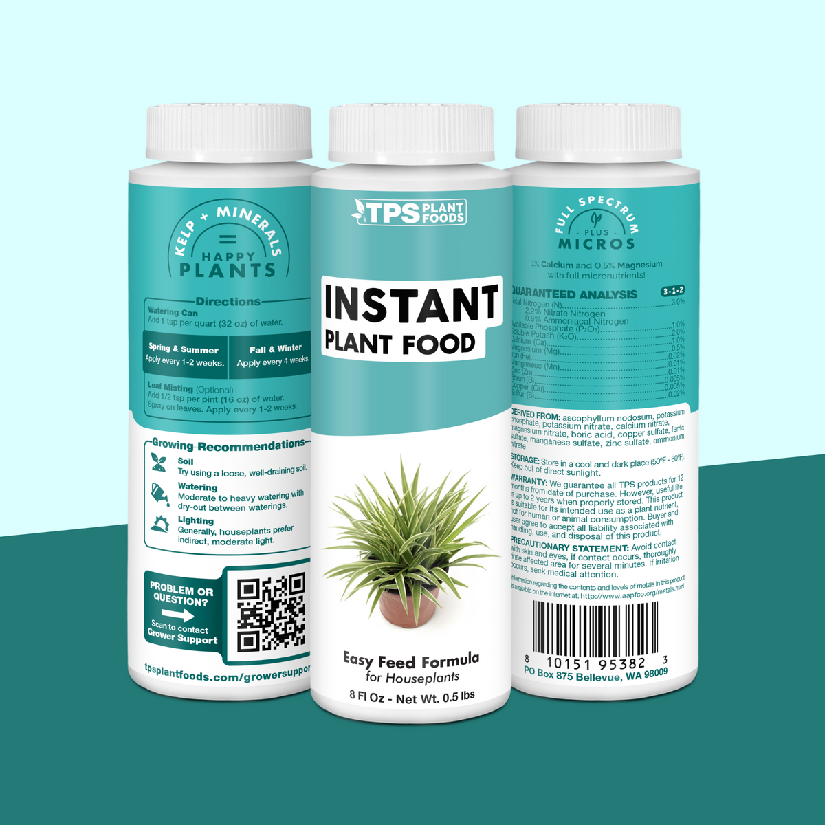 TPS Instant Plant Food 8 oz bottle showing front label, directions and guaranteed analysis [tri-wrap]