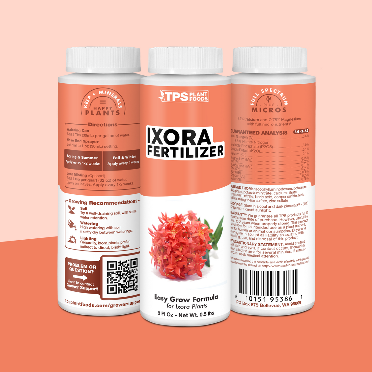 TPS Ixora Fertilizer 8 oz bottle showing front label, directions (2 Tbs per gallon) and guaranteed analysis