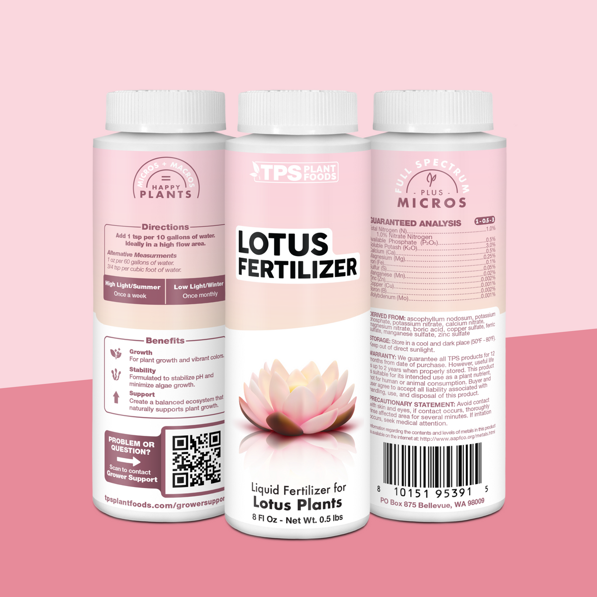 TPS Lotus Fertilizer 8 oz bottle with front label, directions (1 tsp per 10 gallons of water), benefits and guaranteed analysis 1-0.5-3 [tri-wrap]