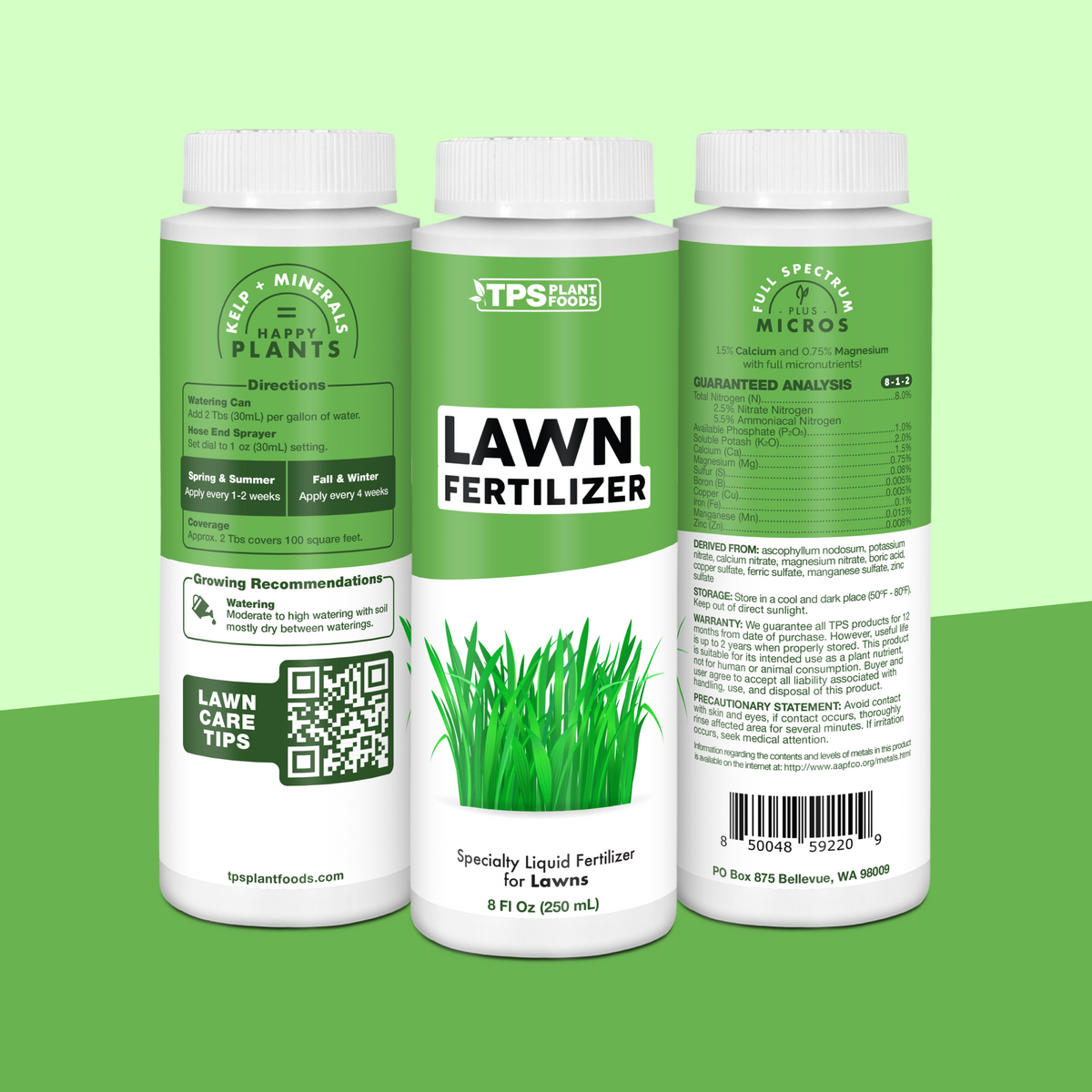 TPS Lawn Fertilizer 8 oz bottle showing front label, directions (2 Tbs per gallon) and guaranteed analysis
