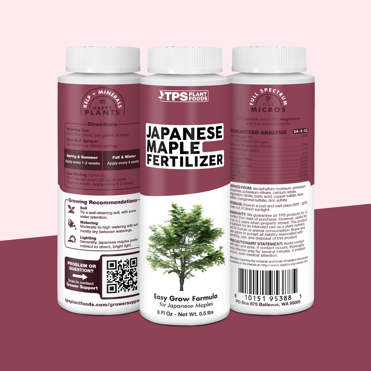 TPS Japanese Maple Fertilizer 8 oz bottle showing front label, directions (2 Tbs per gallon) and guaranteed analysis [tri-wrap]