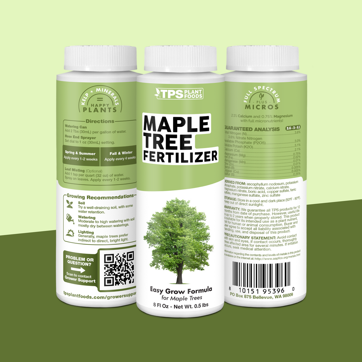 TPS Maple Tree Fertilizer 8 oz bottle showing front label, directions (2 Tbs per gallon) and guaranteed analysis