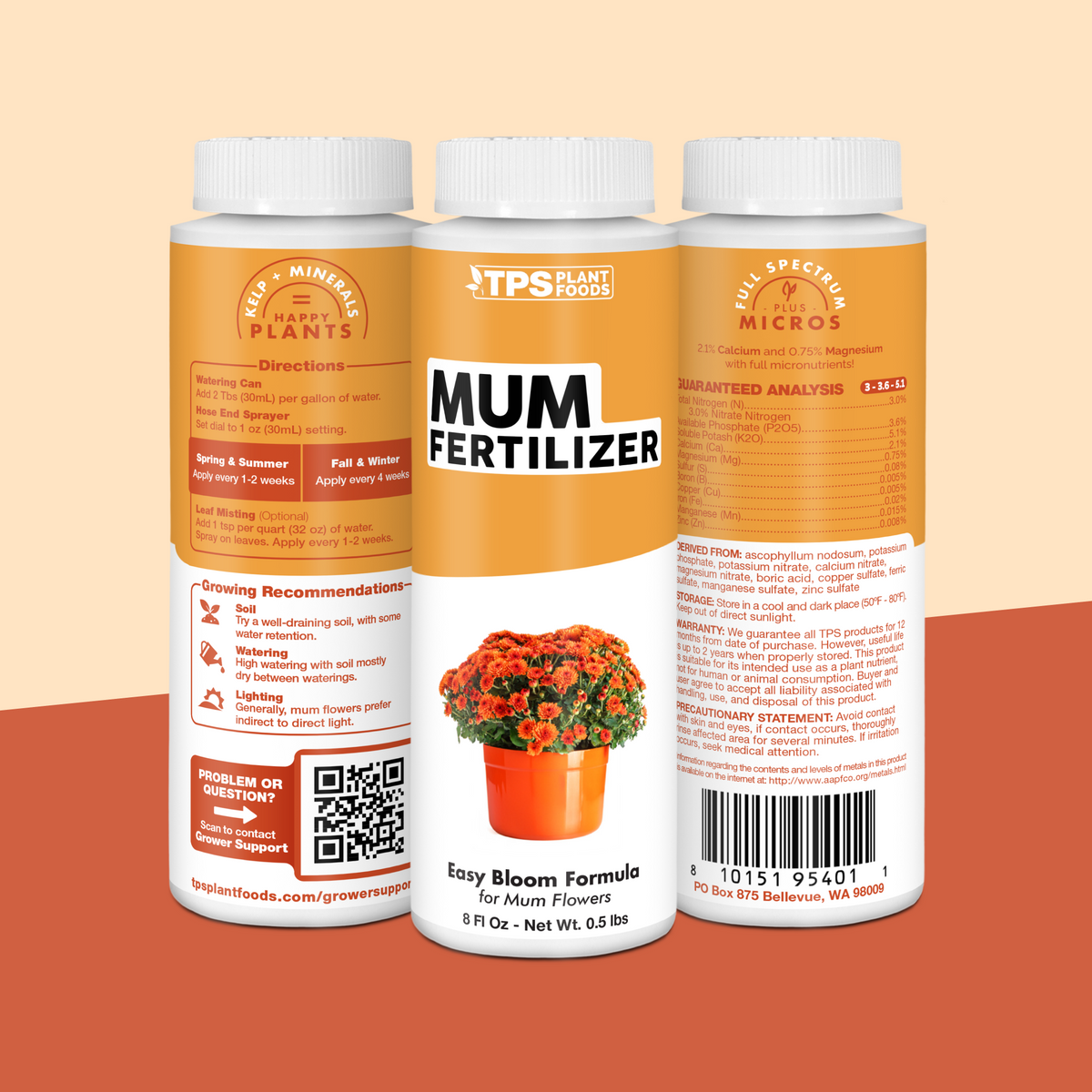 TPS Mum Fertilizer 8 oz bottle showing front label, directions (2 Tbs per gallon) and guaranteed analysis