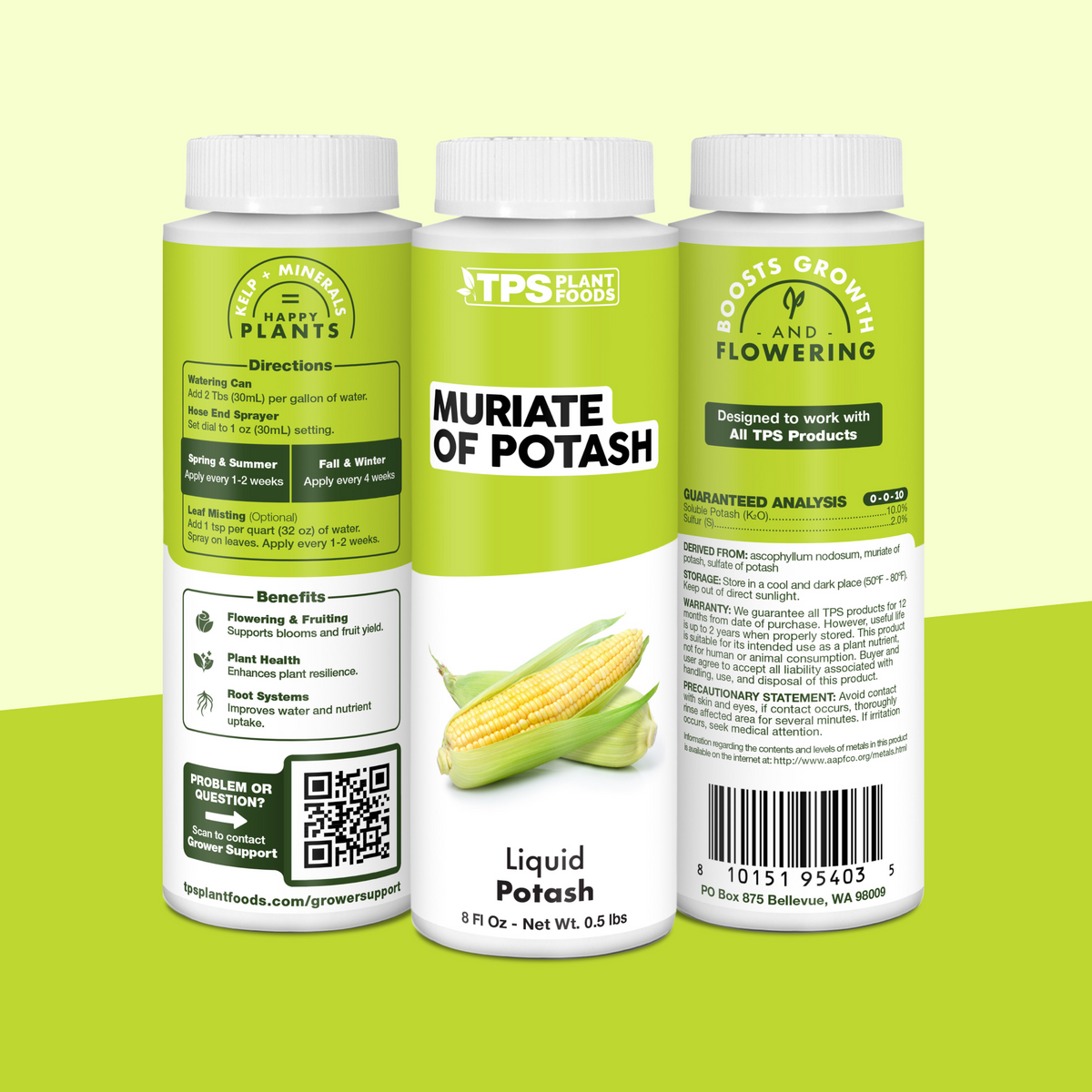 TPS Muriate Of Potash 8 oz bottle showing front label, directions (2 Tbs per gallon) and guaranteed analysis [tri-wrap]