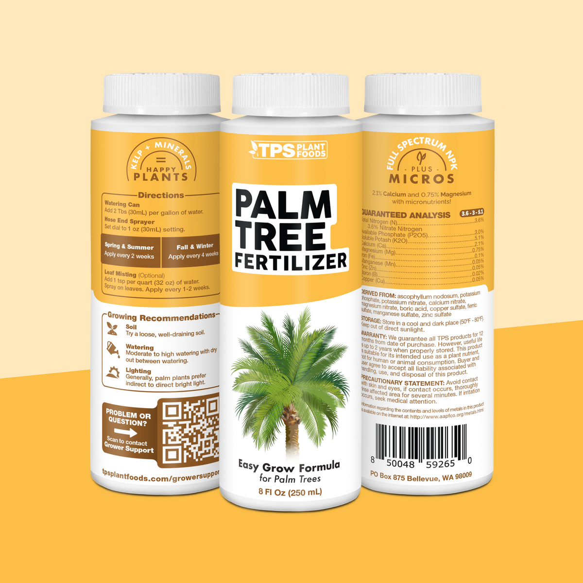 TPS Mycorrhizal Fungi for Palm Trees 8 oz bottle showing front label, directions and guaranteed analysis [tri-wrap]