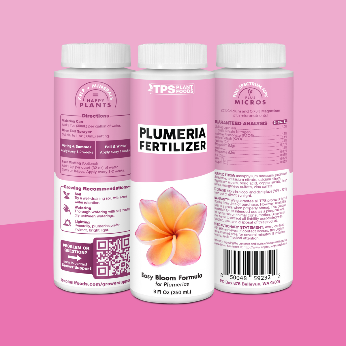 TPS Plumeria Fertilizer 8 oz bottle showing front label, directions (2 Tbs per gallon) and guaranteed analysis