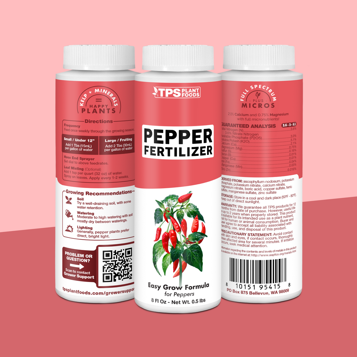 TPS Pepper Fertilizer 8 oz bottle showing front label, directions (1 Tbs per gallon) and guaranteed analysis