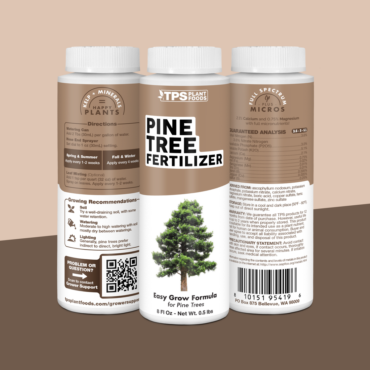 TPS Pine Tree Fertilizer 8 oz bottle showing front label, directions (2 Tbs per gallon) and guaranteed analysis