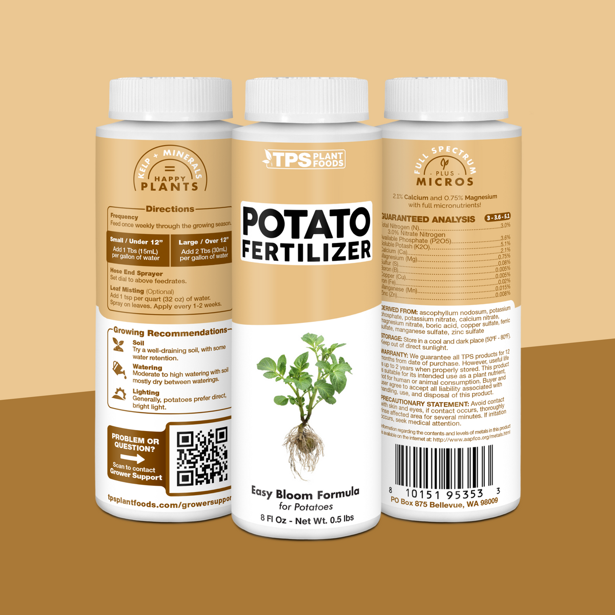 TPS Potato Fertilizer 8 oz bottle showing front label, directions (1 Tbs per gallon) and guaranteed analysis