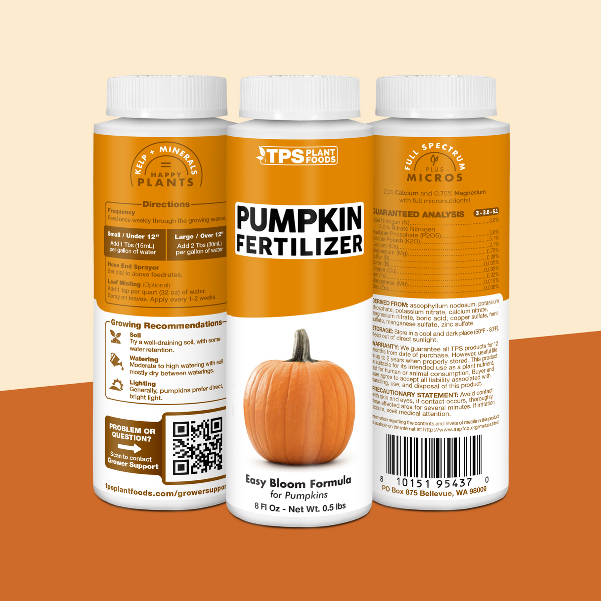 TPS Pumpkin Fertilizer 8 oz bottle showing front label, directions (1 Tbs per gallon) and guaranteed analysis