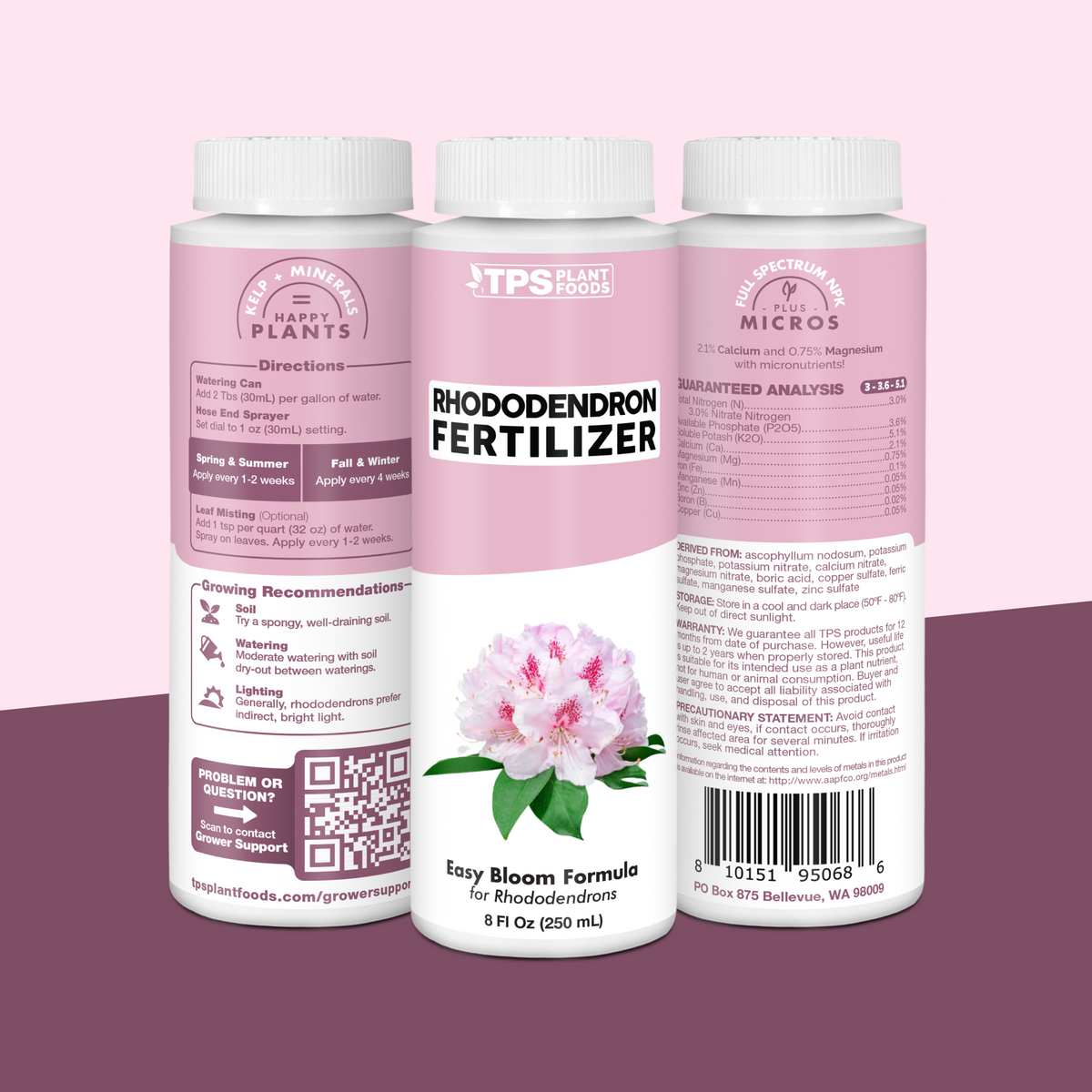 TPS Rhododendron Fertilizer 8 oz bottle showing front label, directions (2 Tbs per gallon) and guaranteed analysis