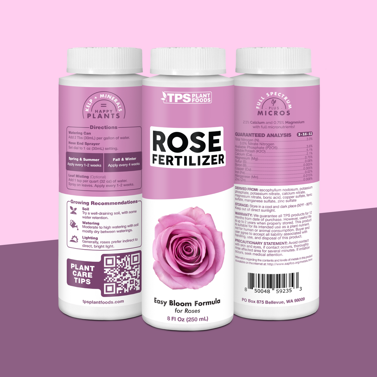 TPS Rose Fertilizer 8 oz bottle showing front label, directions (2 Tbs per gallon) and guaranteed analysis