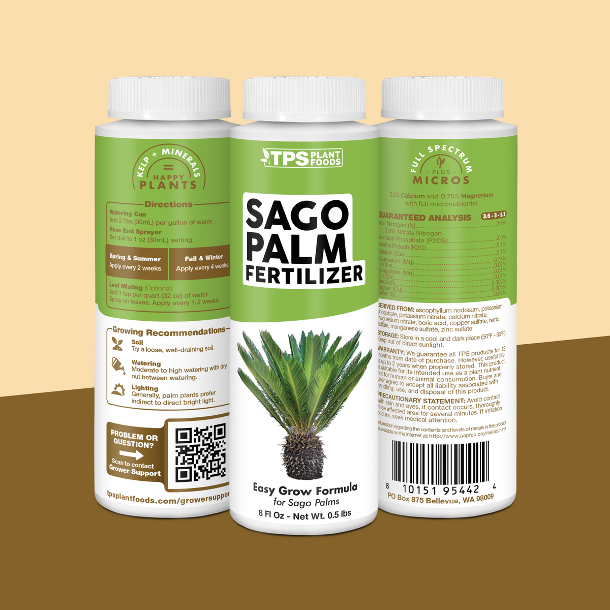 TPS Sago Palm Fertilizer 8 oz bottle showing front label, directions (2 Tbs per gallon) and guaranteed analysis