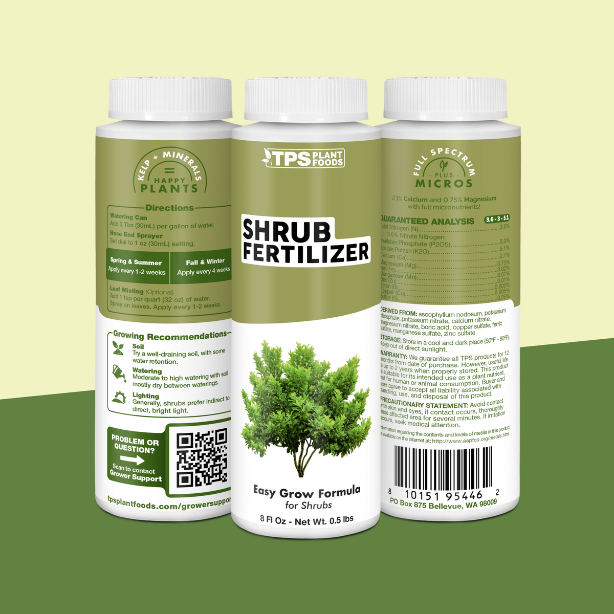 TPS Shrub Fertilizer 8 oz bottle showing front label, directions (2 Tbs per gallon) and guaranteed analysis