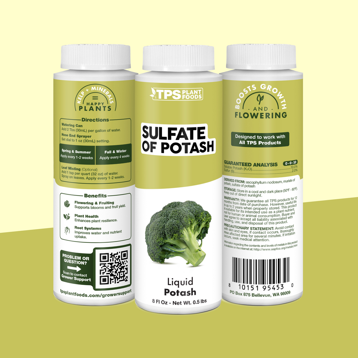 TPS Sulfate Of Potash 8 oz bottle showing front label, directions (2 Tbs per gallon) and guaranteed analysis [tri-wrap]