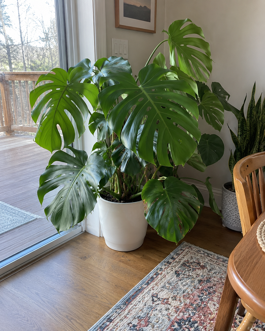 Wanda B.'s large monstera in a stone pot by the window