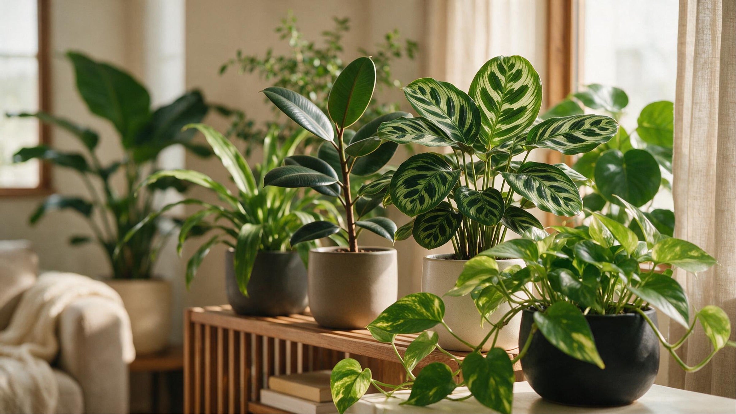 Houseplants on a wooden shelf in a sunlit living room